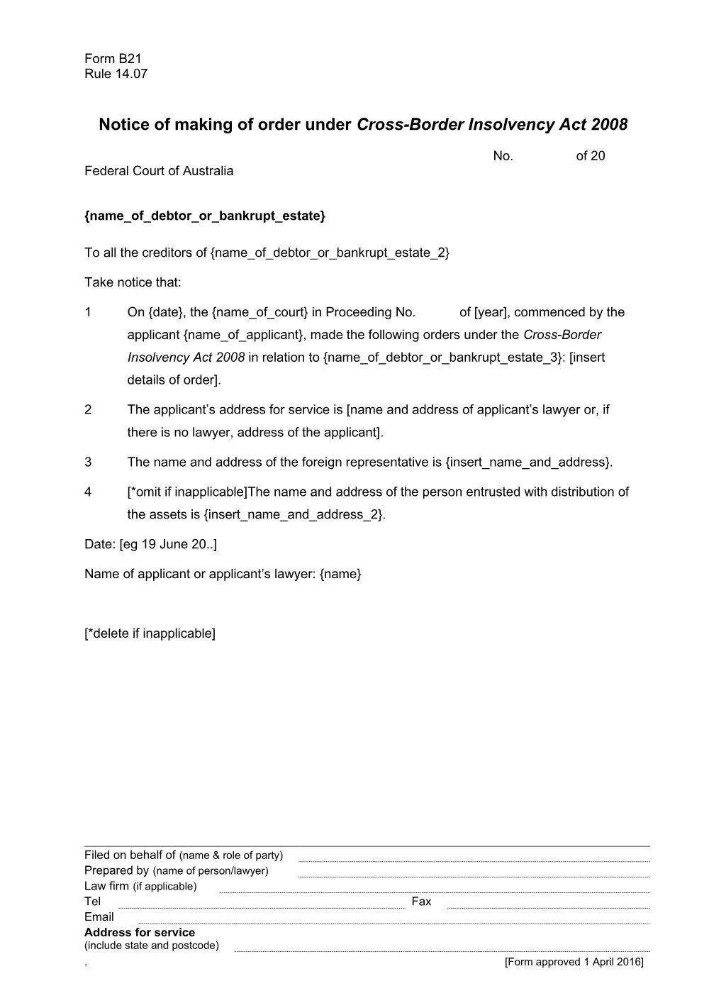 Preview of the first page of Notice of making of order under Cross-Border Insolvency Act 2008 (Form B21)