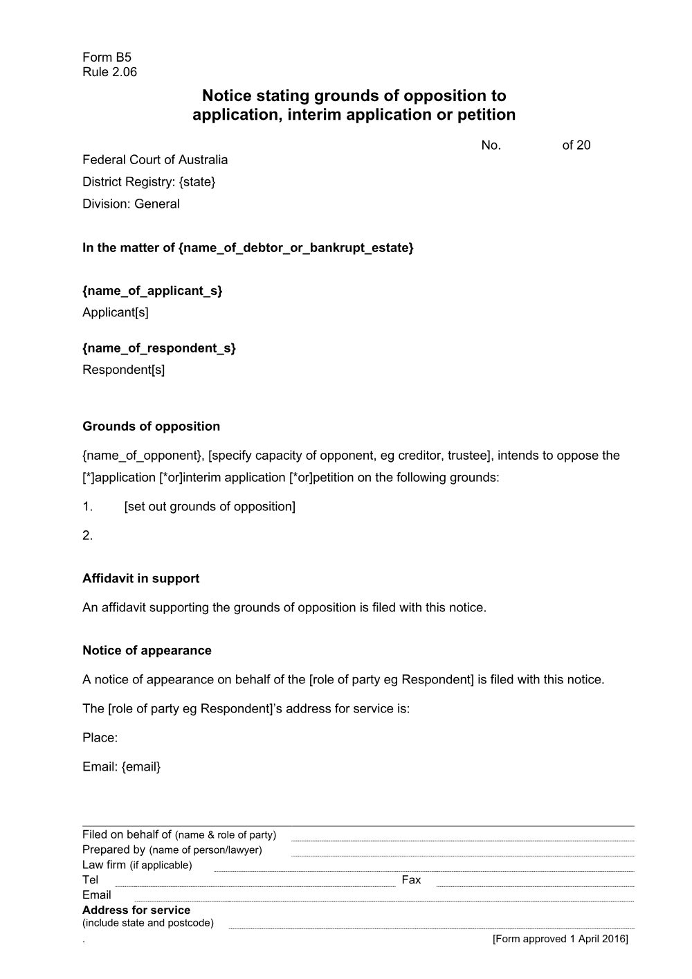 Preview of the first page of Notice stating grounds of opposition to application, interim application or petition (Form B5)