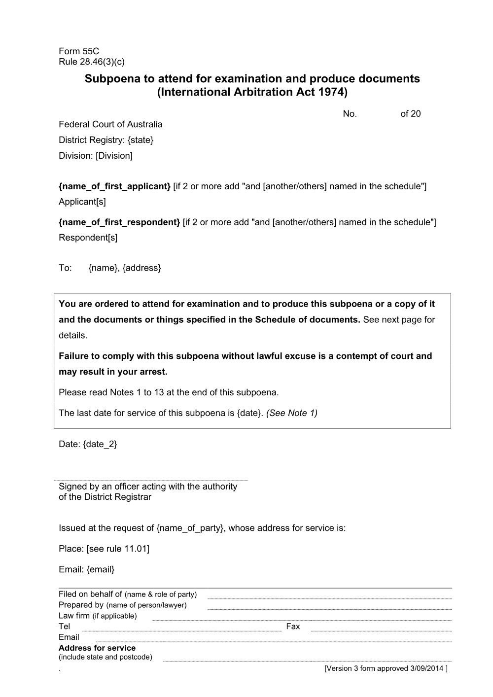 Preview of the first page of Subpoena to attend for examination and produce documents (International Arbitration Act 1974) (Form 55C)