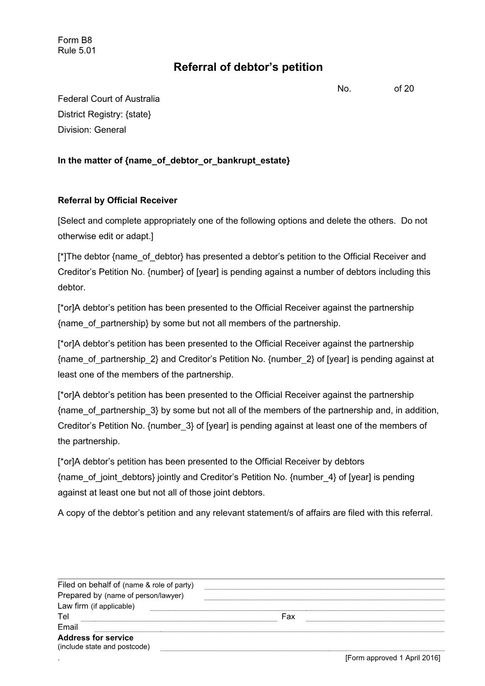 Preview of the first page of Referral of debtor's petition (Form B8)
