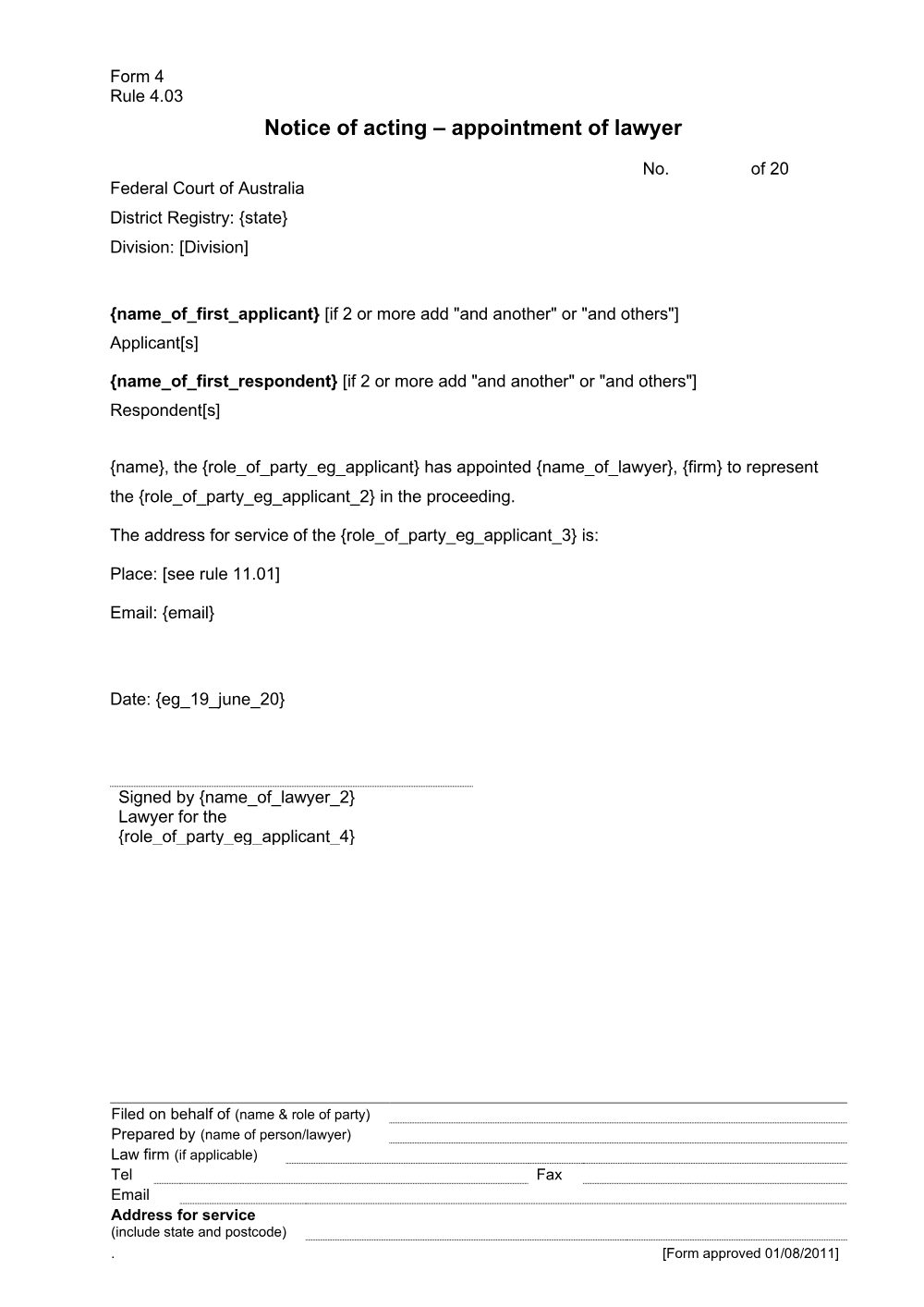 Preview of the first page of Notice of acting - appointment of lawyer (Form 4)