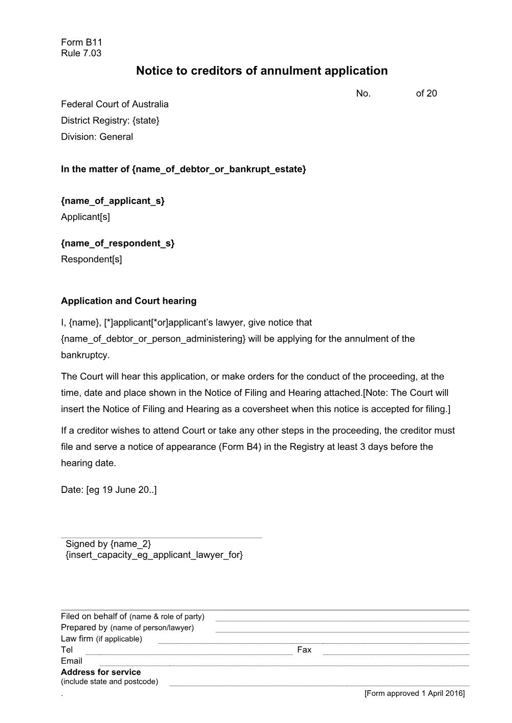 Preview of the first page of Notice to creditors of annulment application (Form B11)