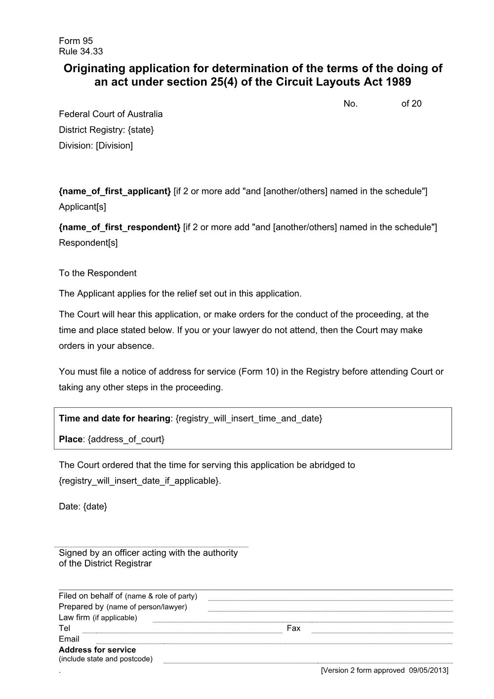 Preview of the first page of Originating application for determination of the terms of the doing of an act under section 25(4) of the Circuit Layout Act 1989 (Form 95)