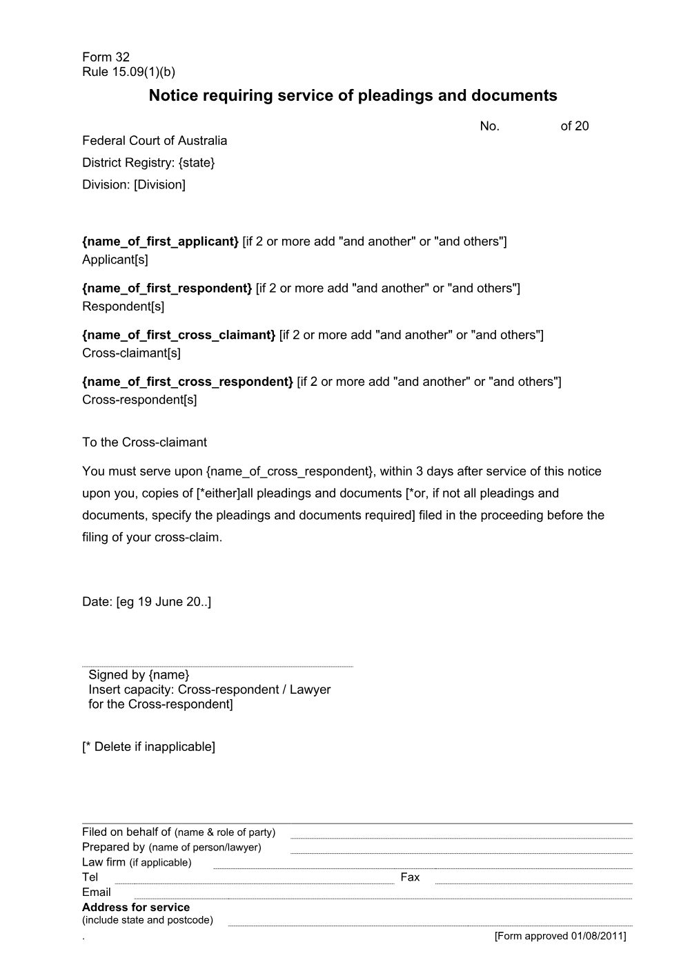 Preview of the first page of Notice requiring service of pleadings and documents (Rule 15.09(1)(b)) (Form 32)