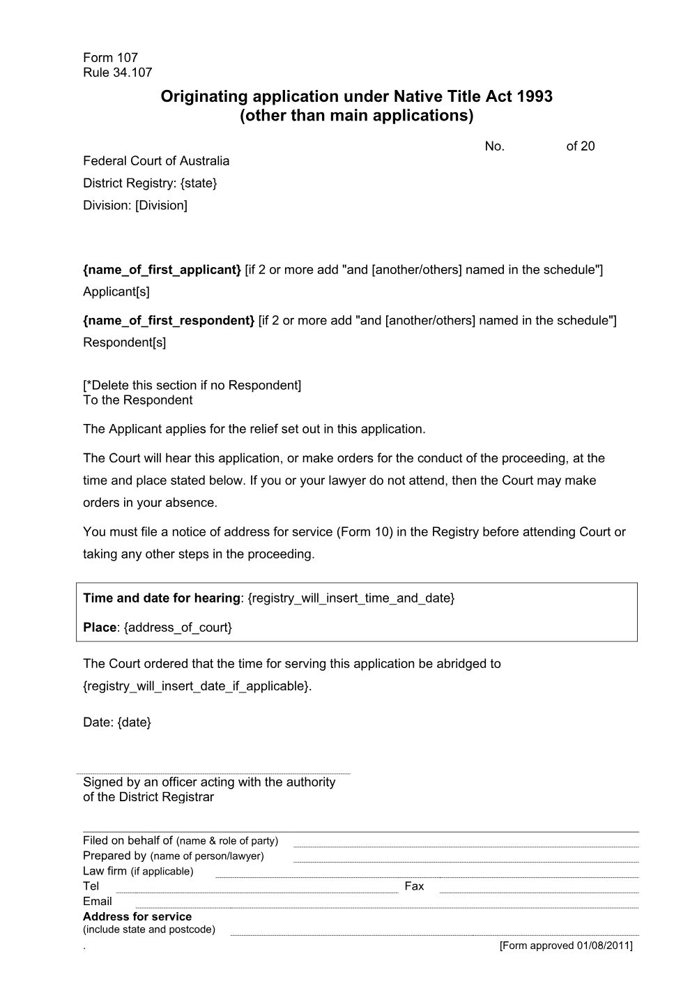 Preview of the first page of Originating application under Native Title Act 1993 (other than main applications) (Form 107)