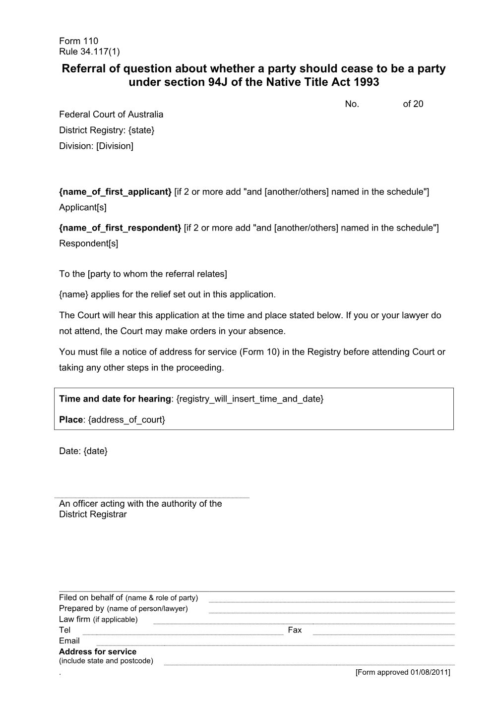 Preview of the first page of Referral of question about whether a party should cease to be a party under section 94J of the Native Title Act 1993 (Rule 34.117(1)) (Form 110)