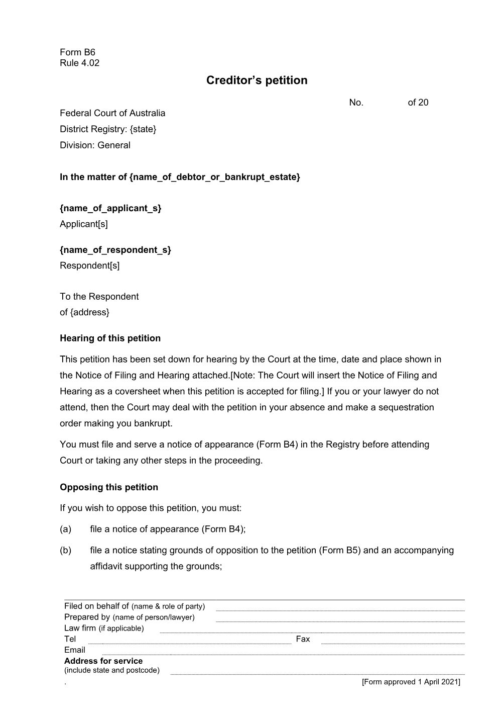 Preview of the first page of Creditor's petition (Form B6)