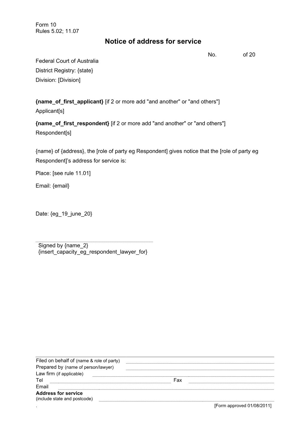 Preview of the first page of Notice of address for service (Form 10)