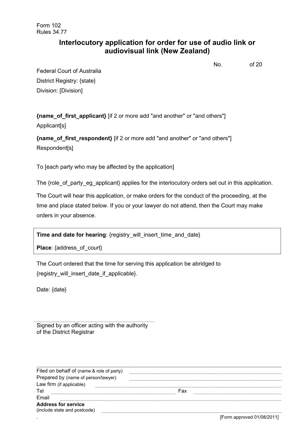 Preview of the first page of Interlocutory application for order for use of audio link or audiovisual link (New Zealand) (Form 102)