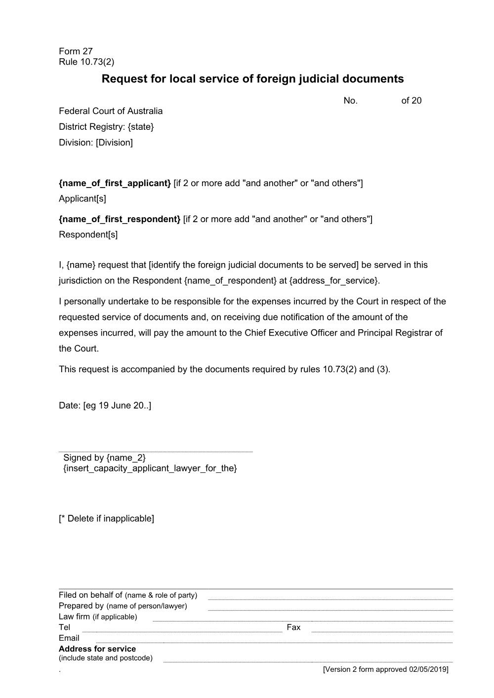 Preview of the first page of Request for local service of foreign judicial documents (Rule 10.73(2)) (Form 27)