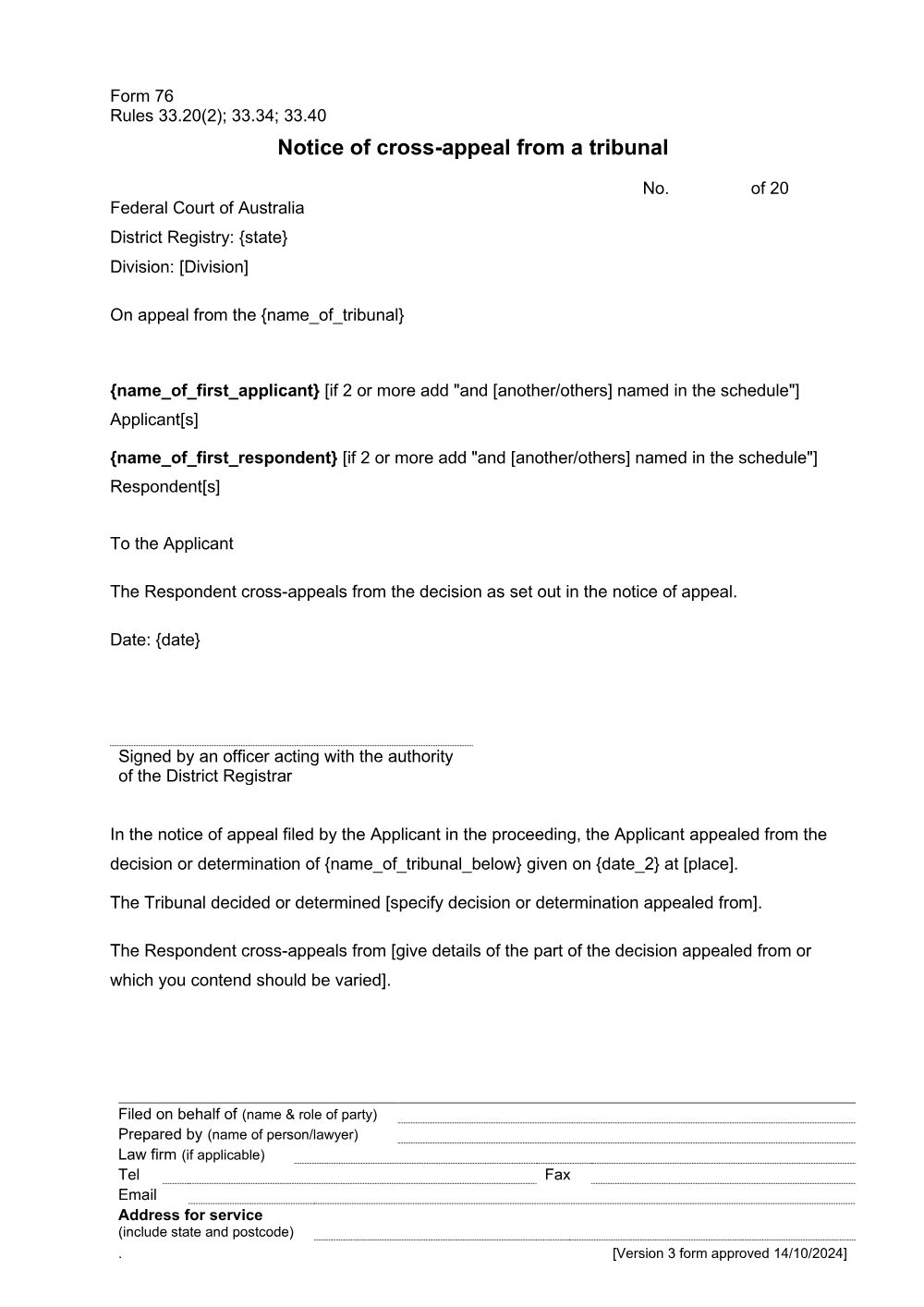 Preview of the first page of Notice of cross-appeal from a tribunal (Form 76)