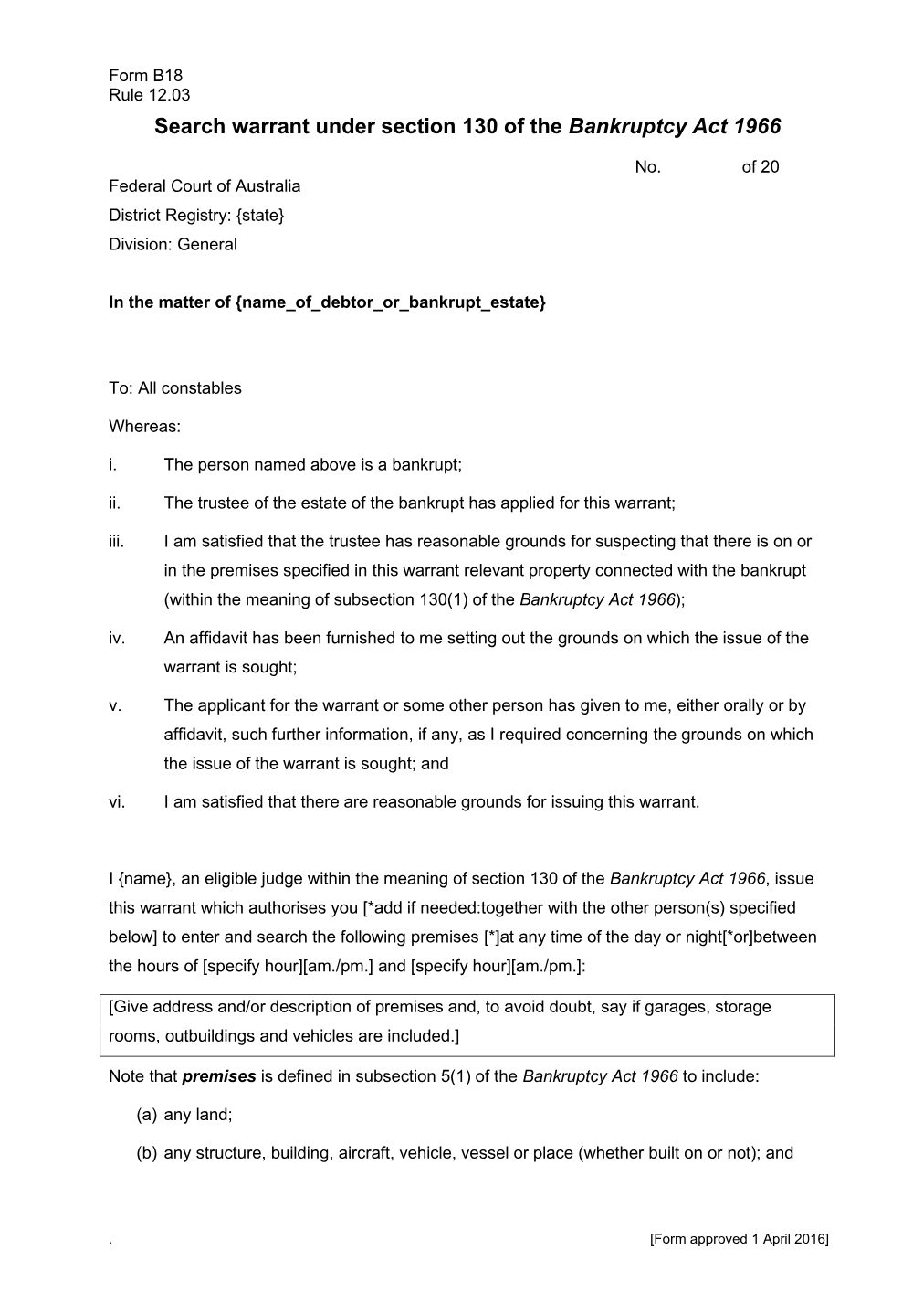 Preview of the first page of Search warrant under section 130 of the Bankruptcy Act 1966 (Form B18)