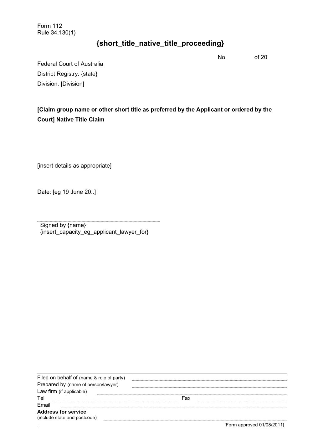 Preview of the first page of Short Title - Native Title Proceeding (Rule 34.130(1)) (Form 112)