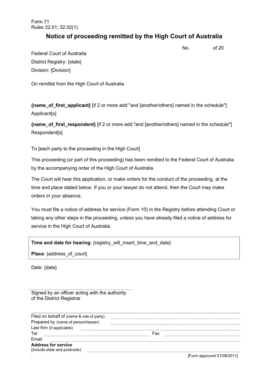 Preview of the first page of Notice of proceeding remitted by the High Court of Australia (Form 71)