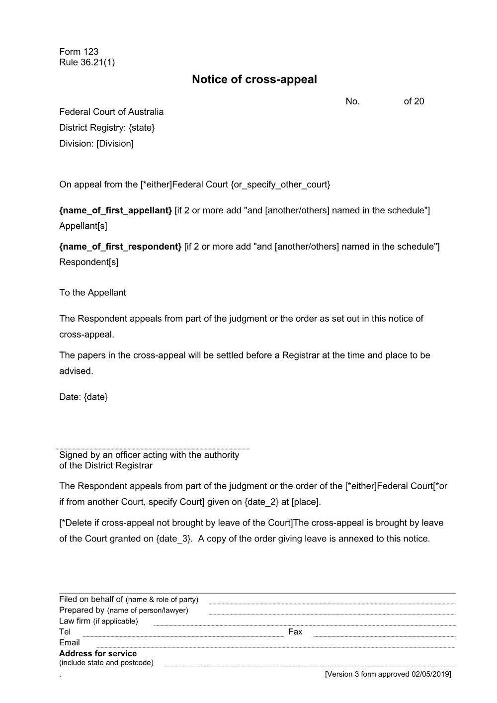 Preview of the first page of Notice of cross-appeal (Rule 36.21(1)) (Form 123)