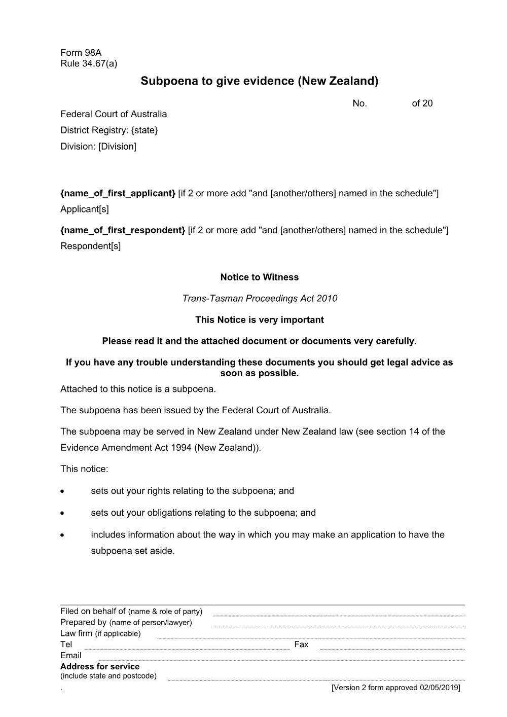 Preview of the first page of Subpoena to give evidence (New Zealand) (Form 98A)