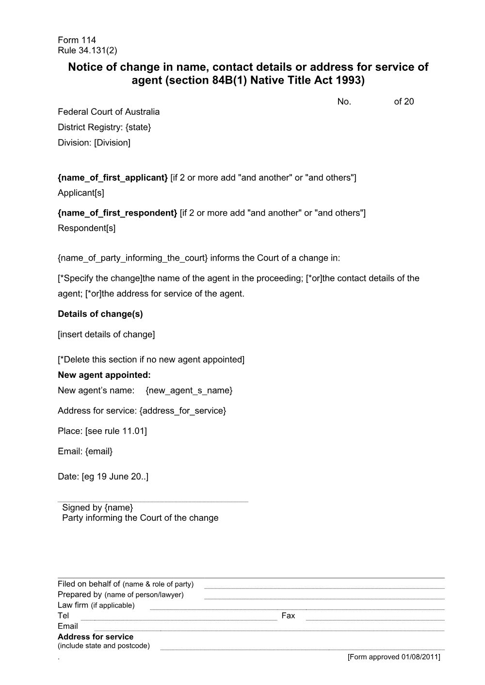 Preview of the first page of Notice of change in name, contact details or address for service of agent (section 84B(1) Native Title Act 1993) (Rule 34.131(2)) (Form 114)
