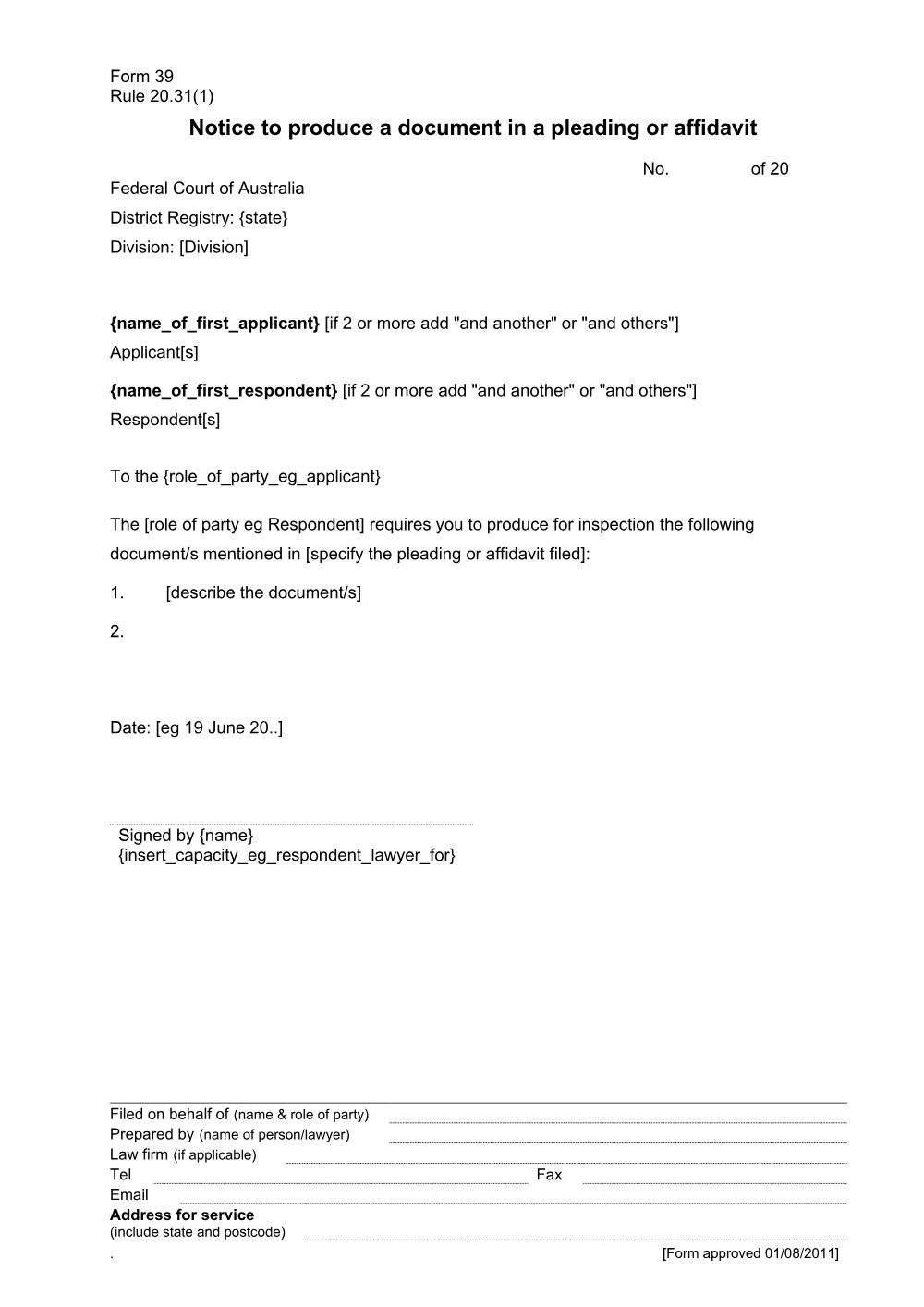 Preview of the first page of Notice to produce a document in a pleading or affidavit (Form 39)