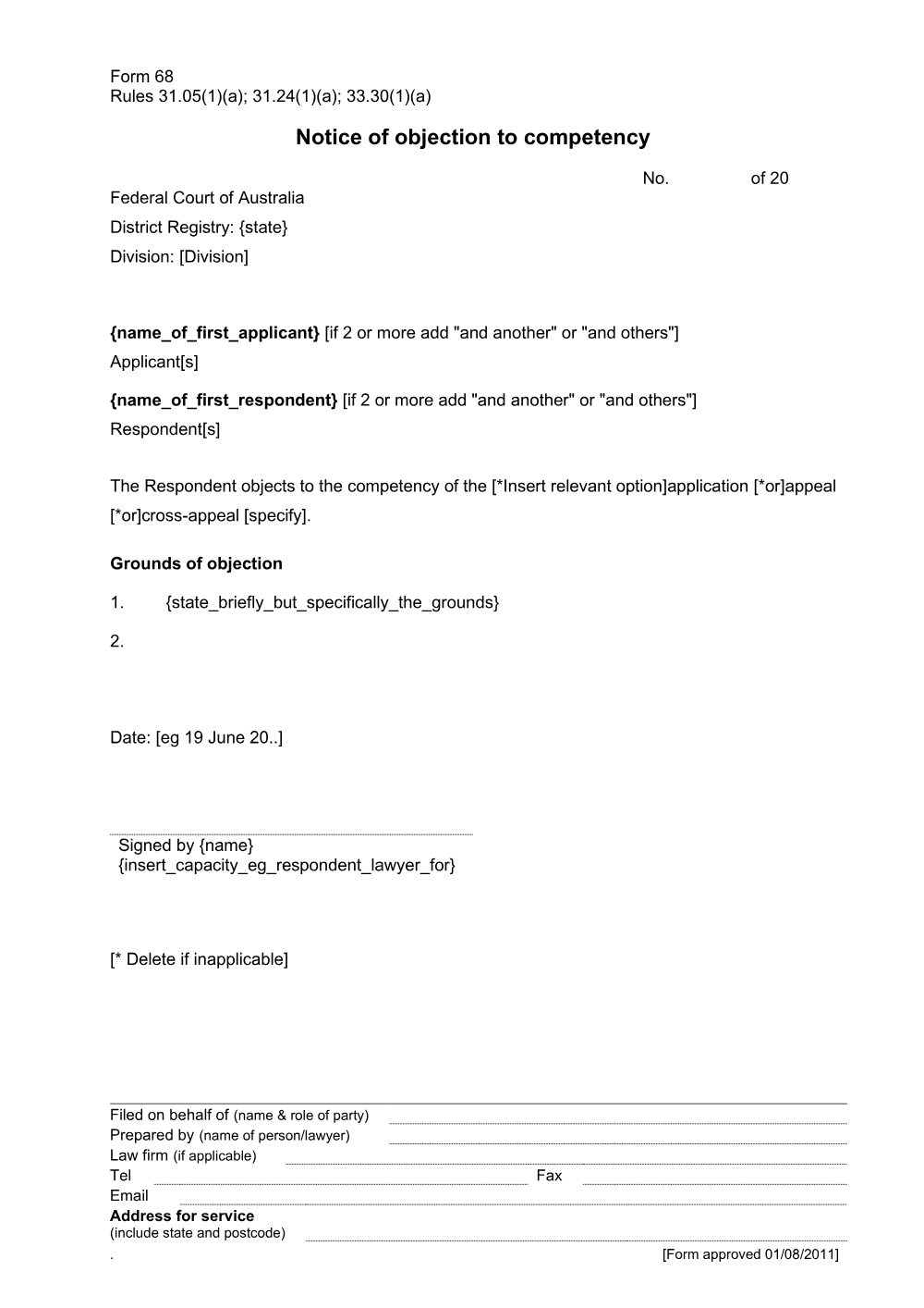 Preview of the first page of Notice of objection to competency (Form 68)