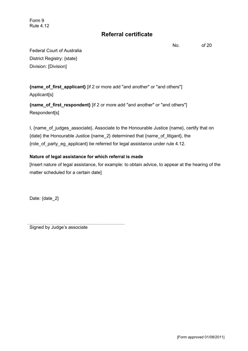 Preview of the first page of Referral certificate (Form 9)