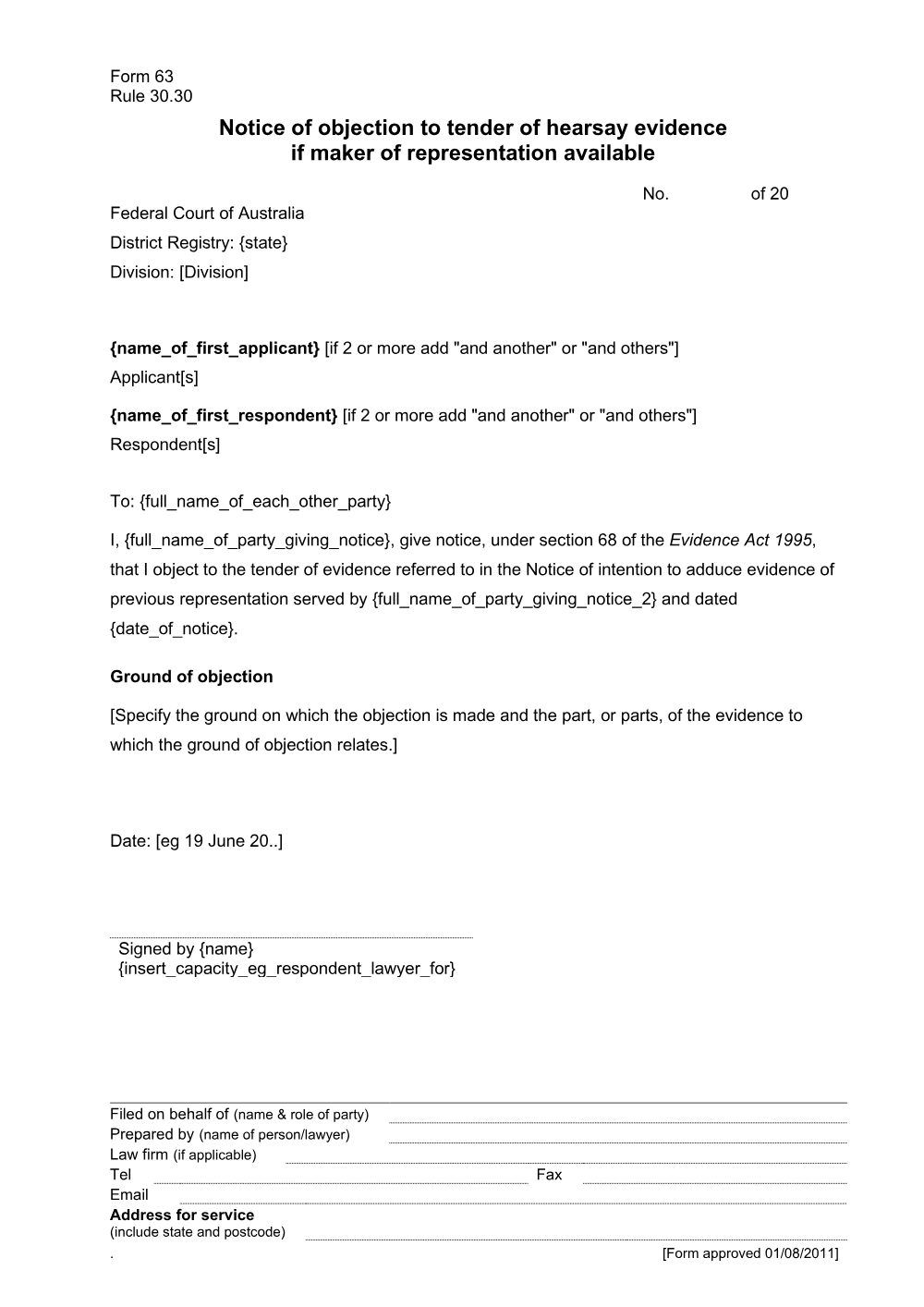 Preview of the first page of Notice of objection to tender of hearsay evidence if maker of representation available (Form 63)