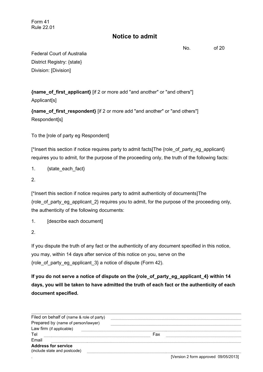 Preview of the first page of Notice to admit (Form 41)