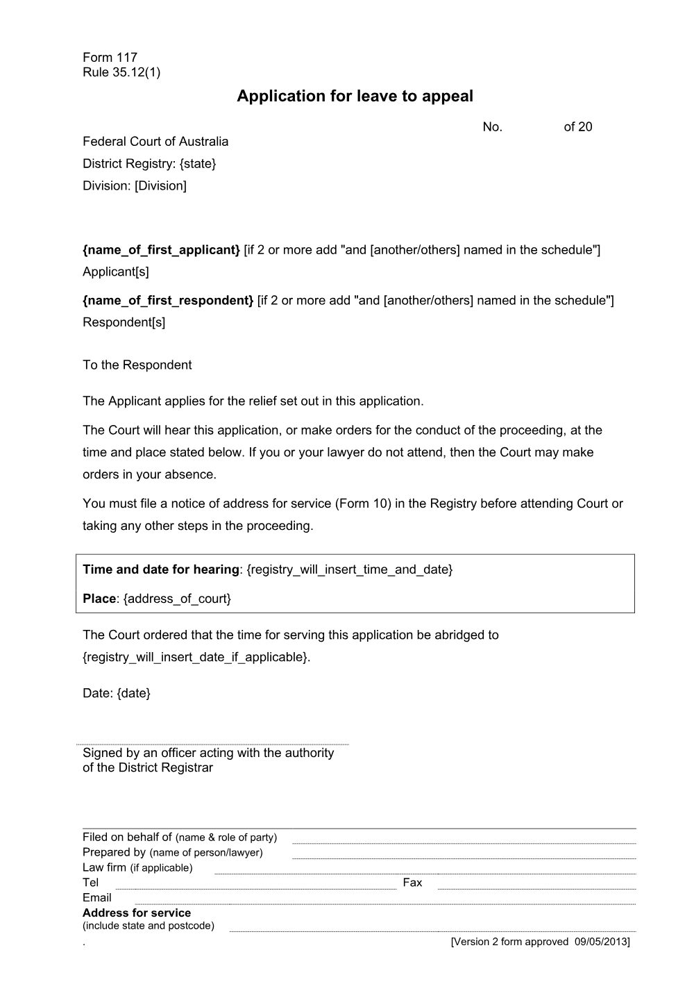 Preview of the first page of Application for leave to appeal (Rule 35.12(1)) (Form 117)