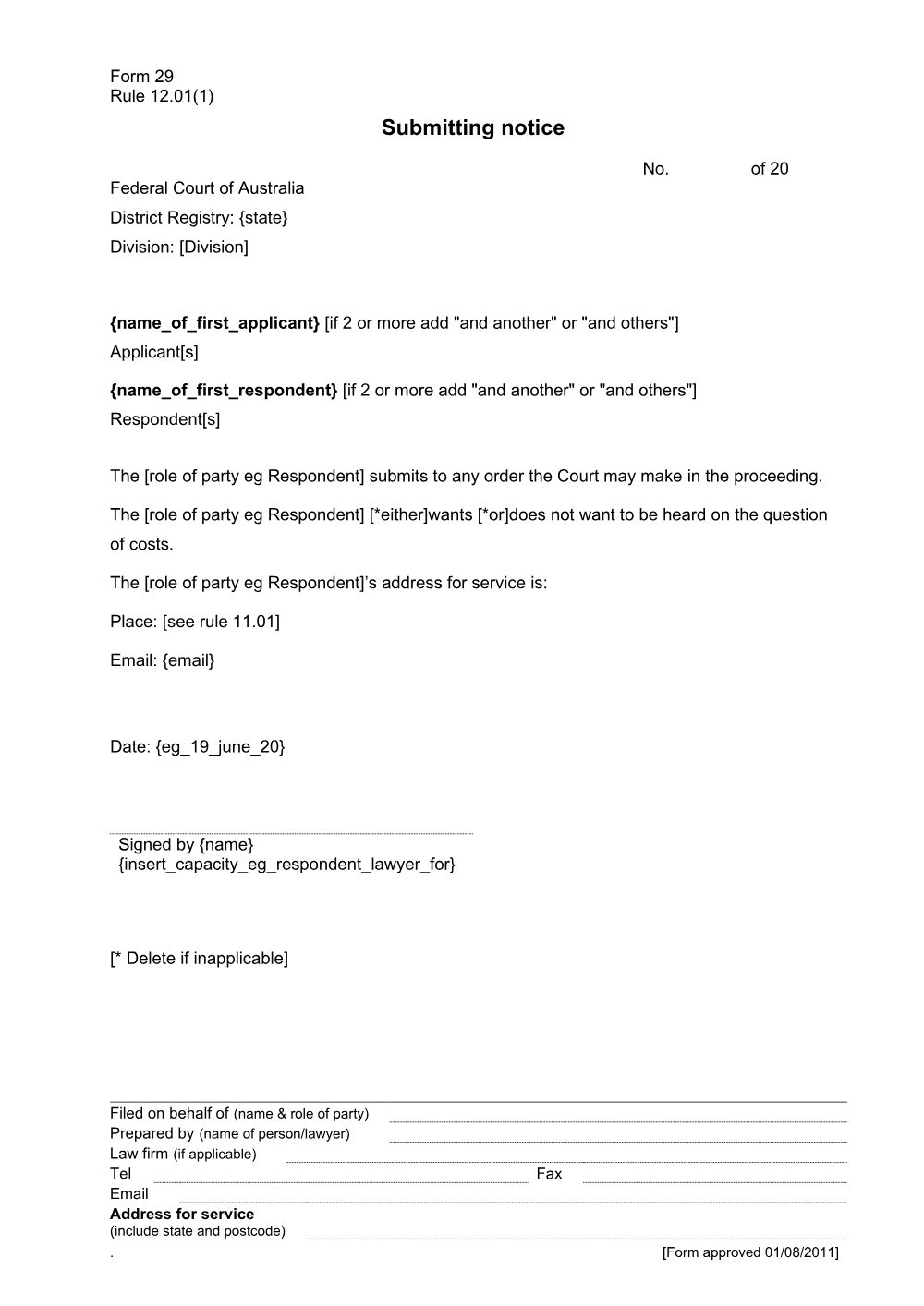 Preview of the first page of Submitting notice (Rule 12.01(1)) (Form 29)