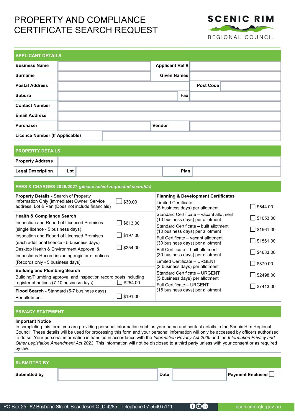 Preview of the first page of Property and Compliance Certificate Search Request