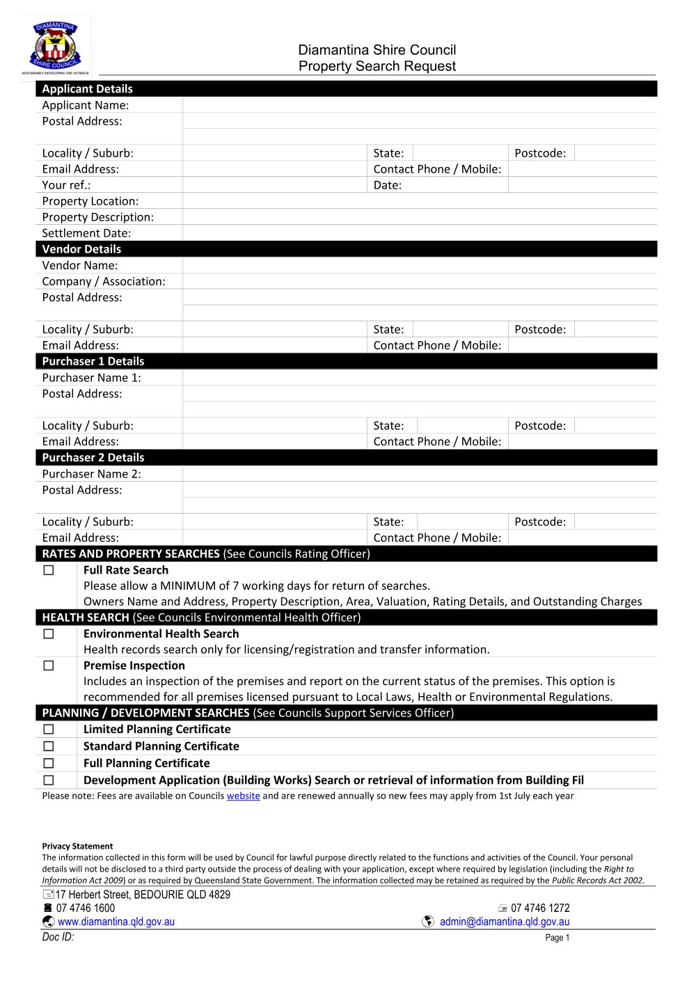 Preview of the first page of Property Search Request