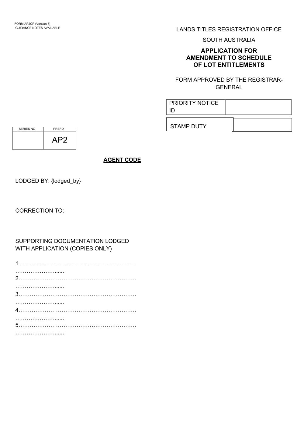 Preview of the first page of Application for Amendment to Schedule of Lot Entitlements (AP2CP)