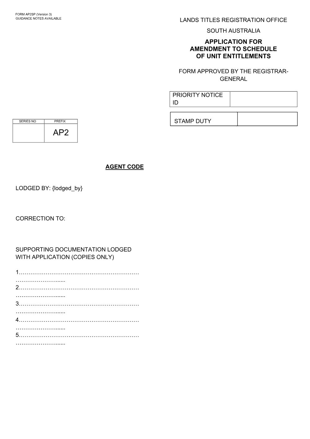 Preview of the first page of Application for Amendment to Schedule of Unit Entitlements (AP2SP)