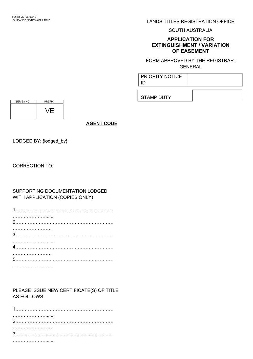 Preview of the first page of Application for Extinguishment/Variation of Easement (VE)