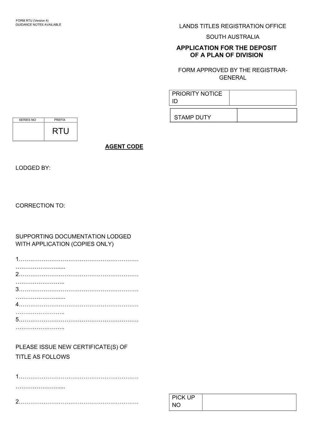 Preview of the first page of Application for the Deposit of a Plan of Division (RTU)