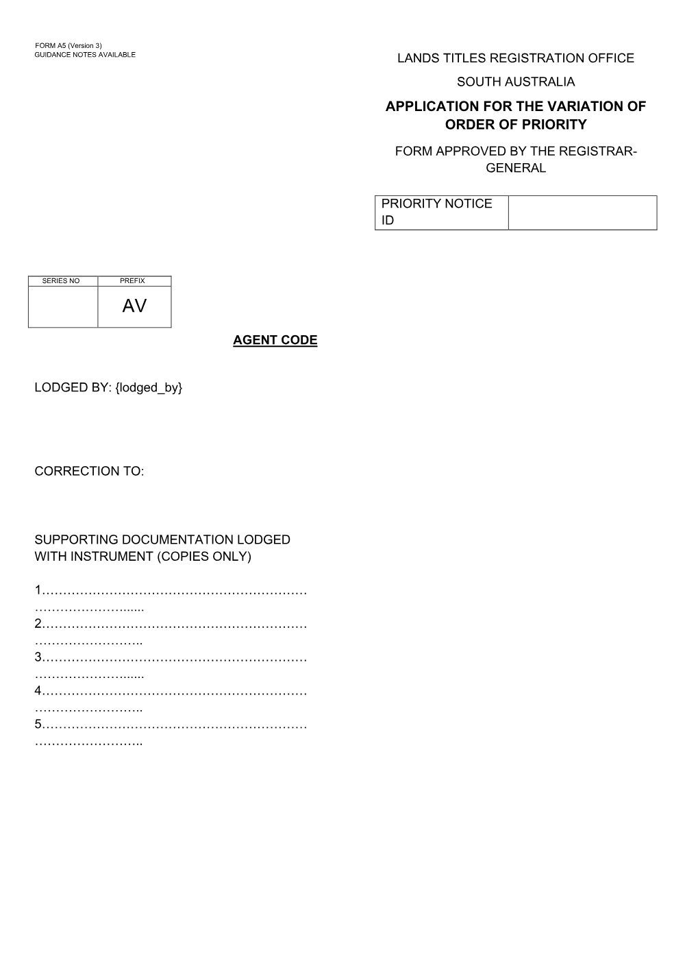 Preview of the first page of Application for the Variation of Order of Priority (A5)
