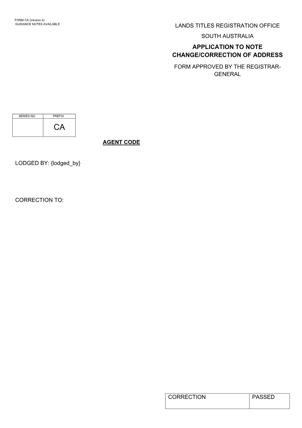 Preview of the first page of Application to Note Change/Correction of Address