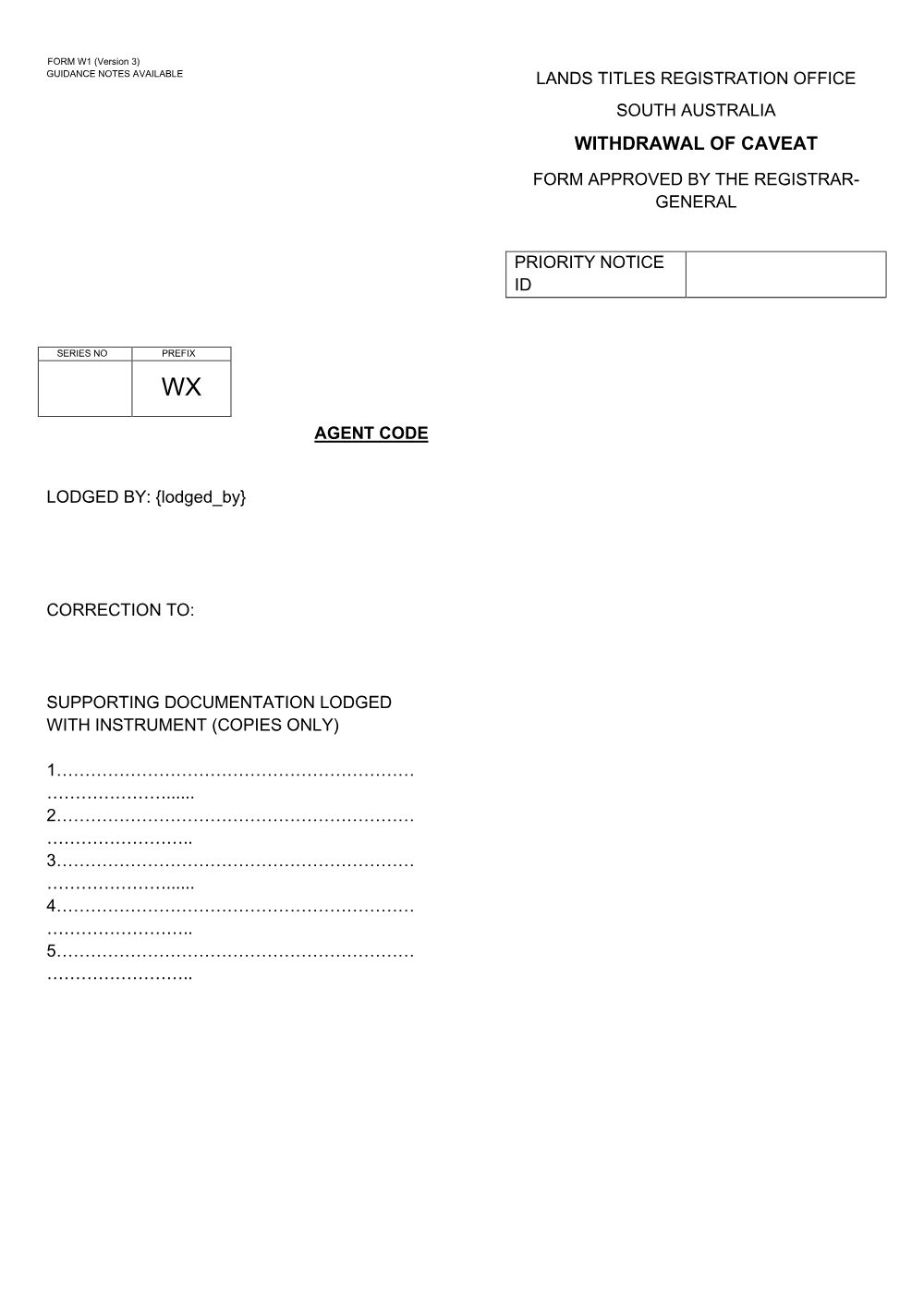 Preview of the first page of Withdrawal of Caveat (W1)