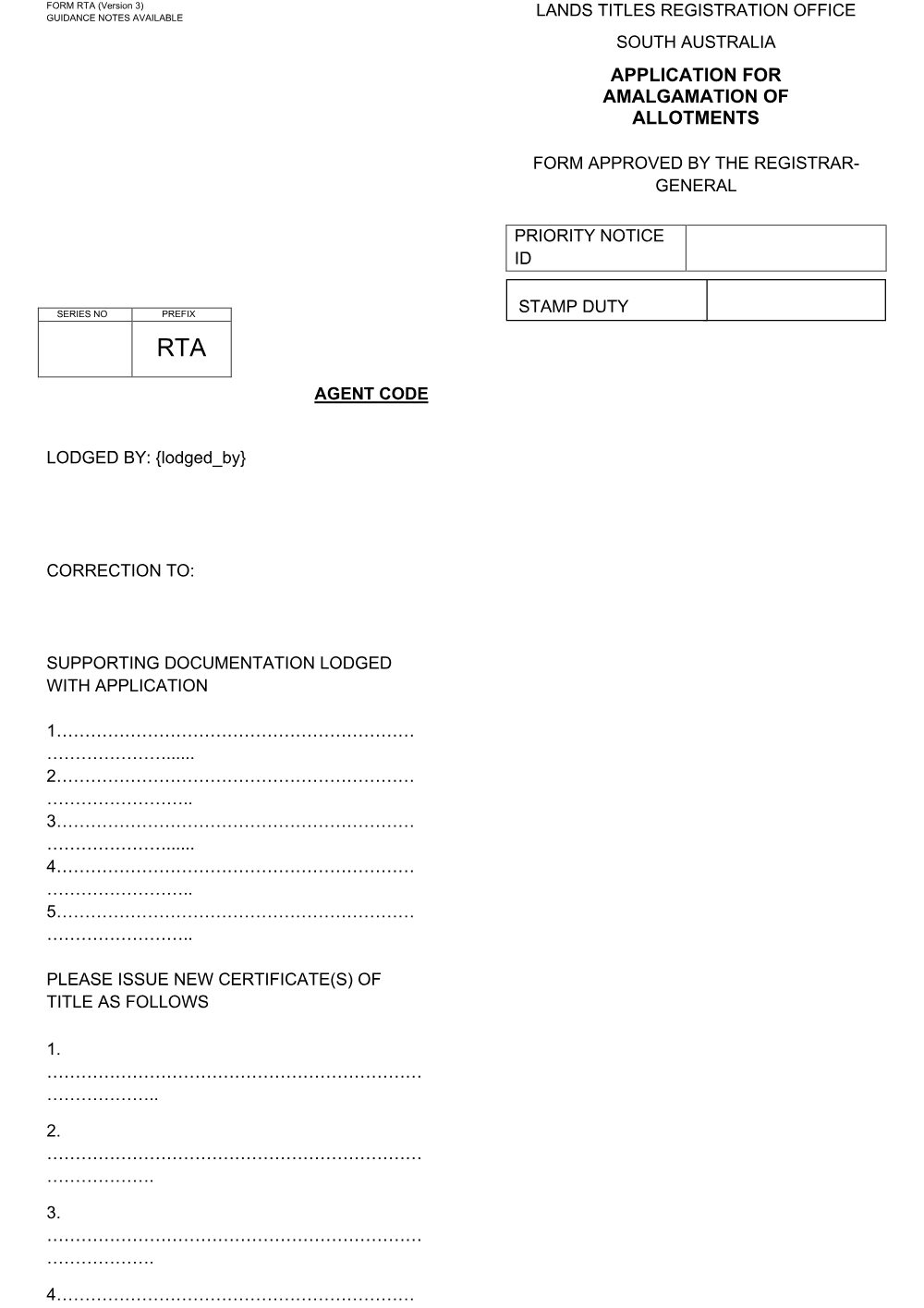 Preview of the first page of Application for Amalgamation of Allotments (RTA)
