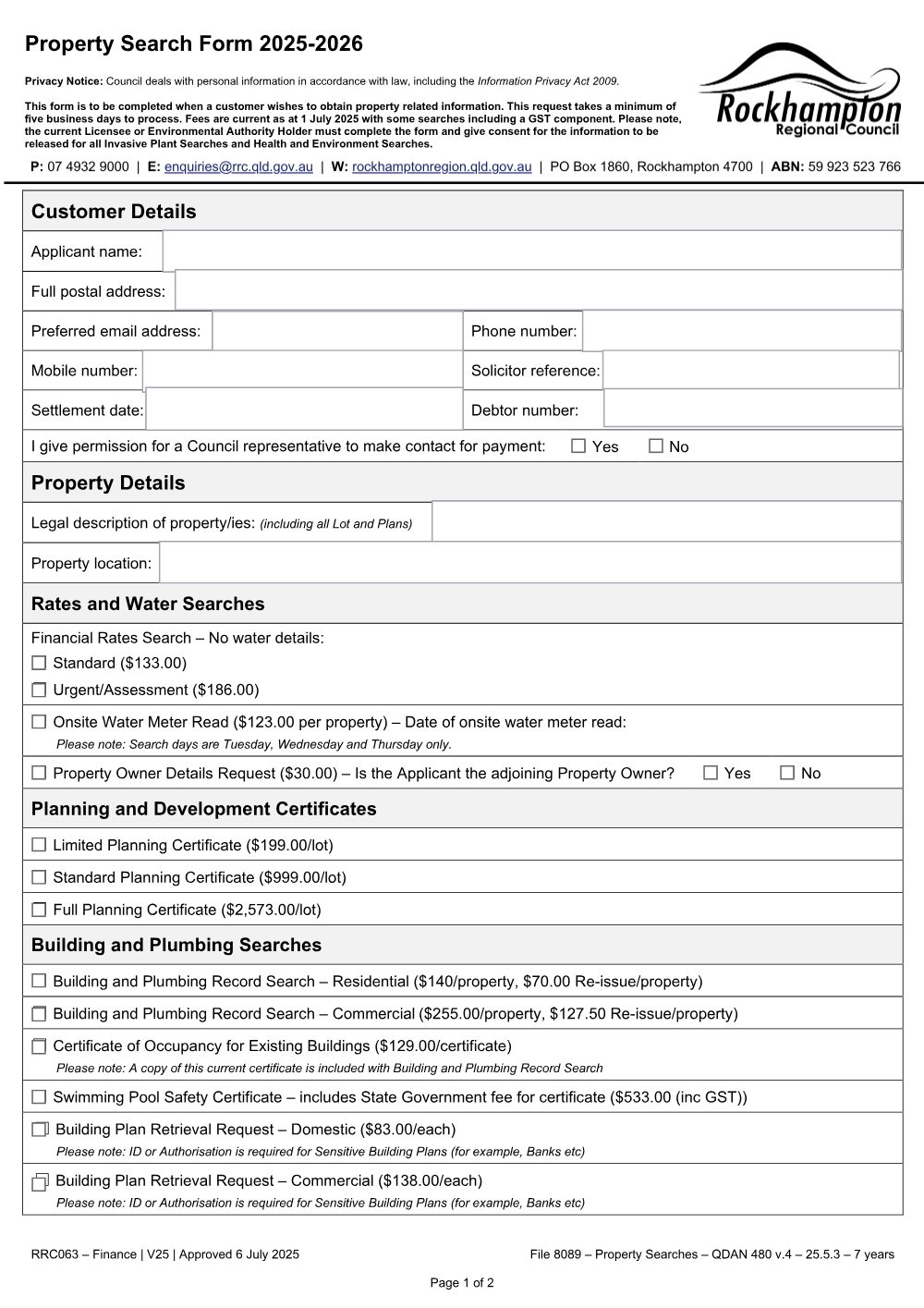 Preview of the first page of Property Search Form 2025